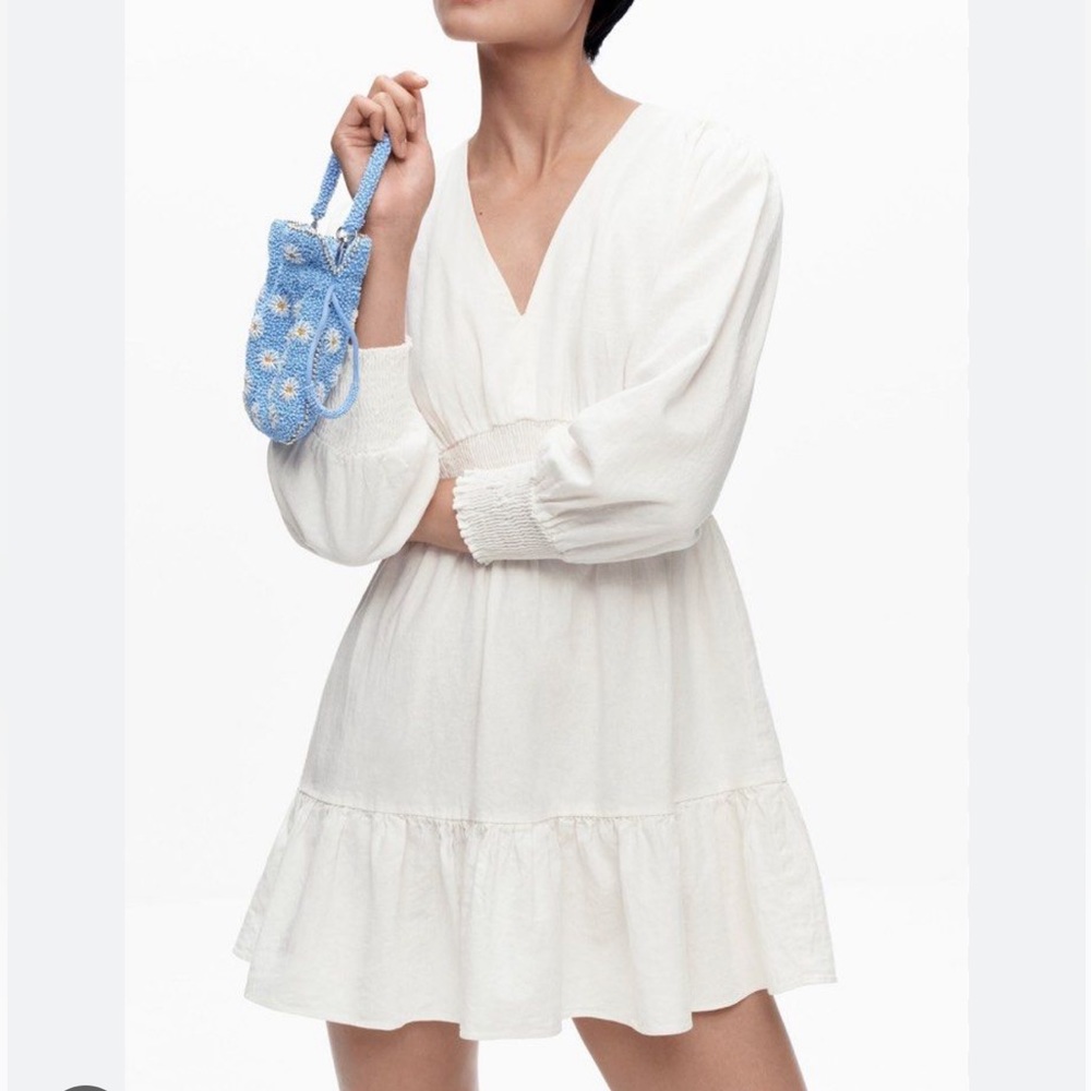 Zara White V-Neck Long Sleeve Ruffle Hem Mini Dress